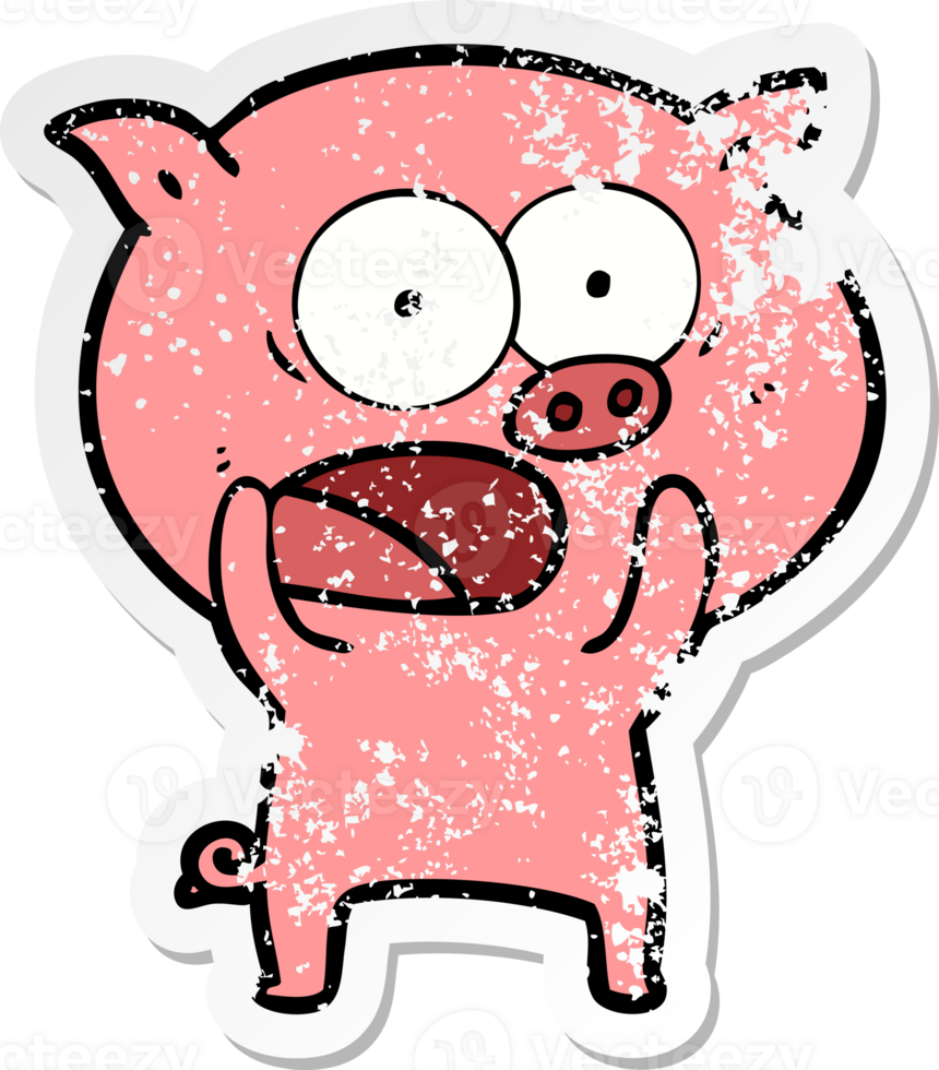 distressed sticker of a cartoon pig shouting png