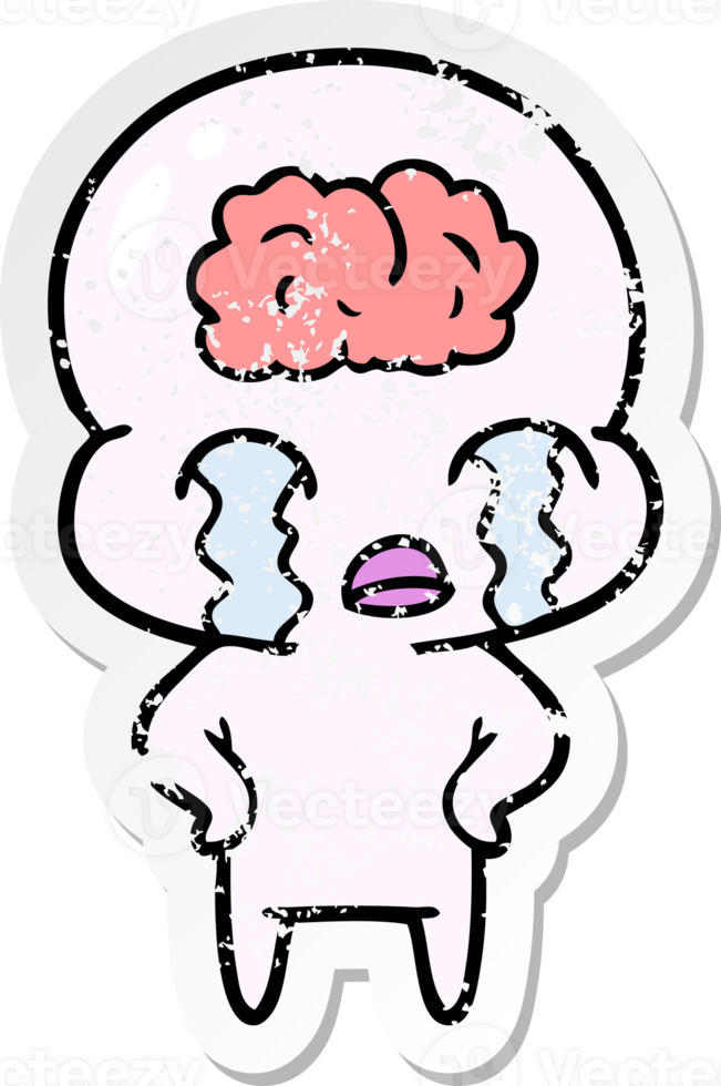 distressed sticker of a cartoon big brain alien crying png