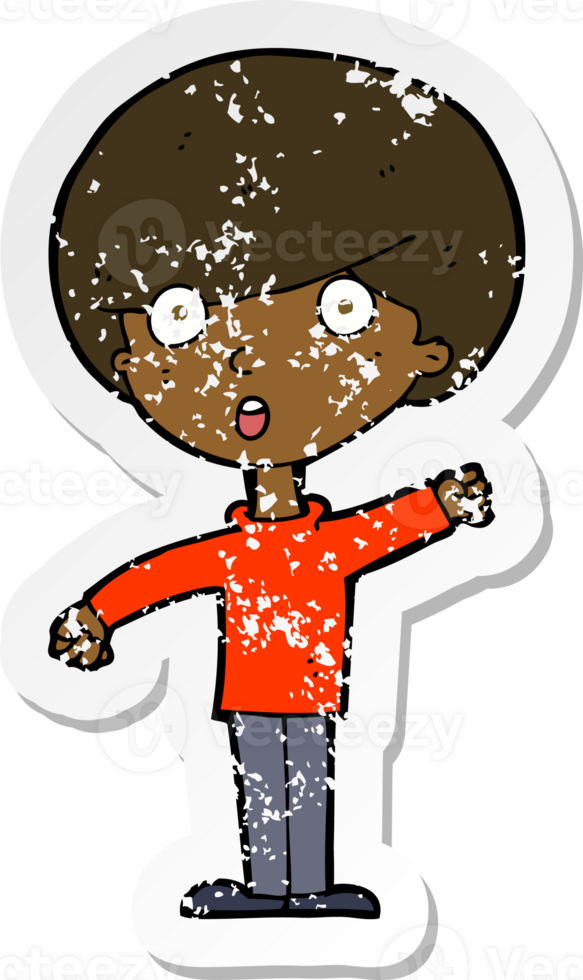 retro distressed sticker of a cartoon shocked boy png