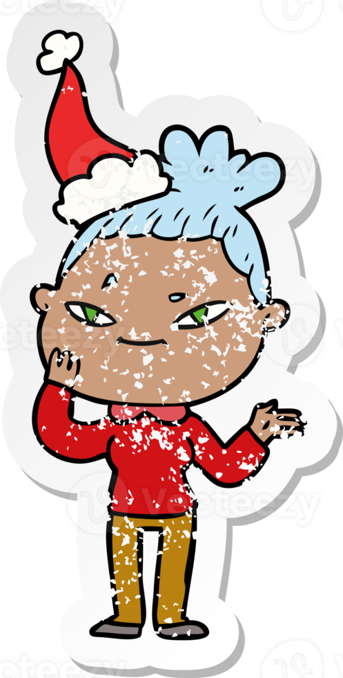 hand drawn distressed sticker cartoon of a woman wearing santa hat png