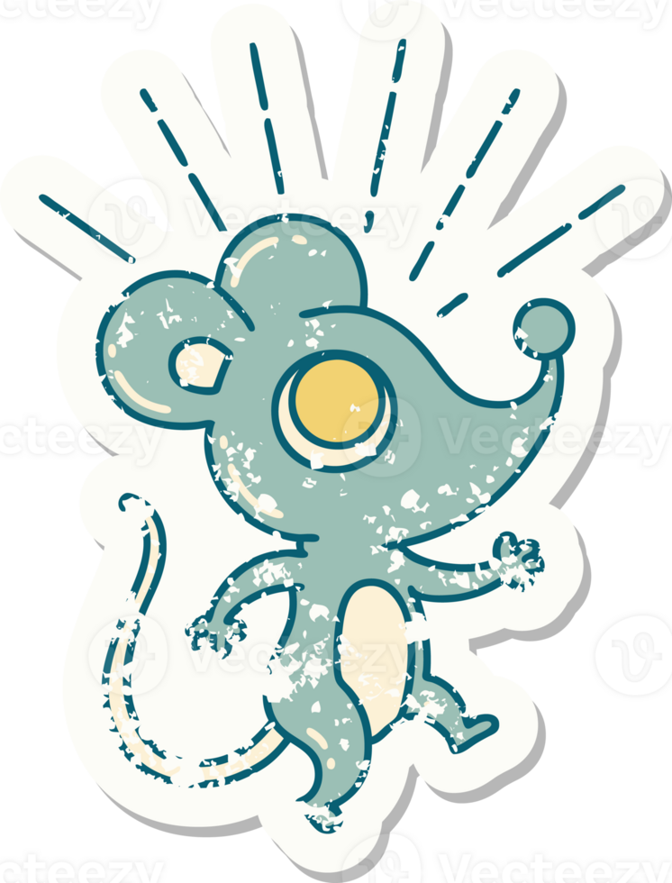 worn old sticker of a tattoo style mouse character png
