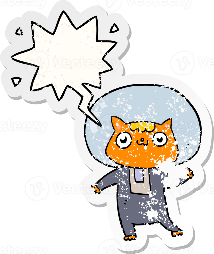 cartoon space cat with speech bubble distressed distressed old sticker png