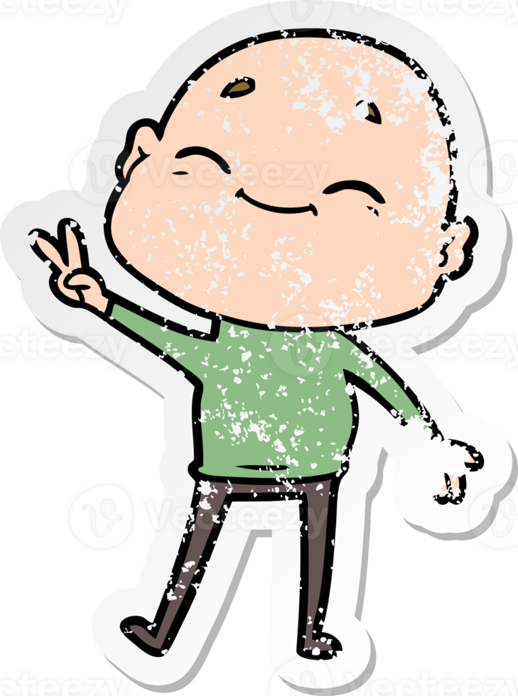 distressed sticker of a happy cartoon bald man png