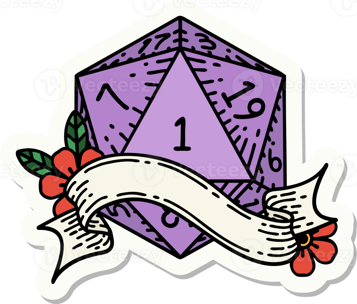 sticker of a natural one d20 dice roll png