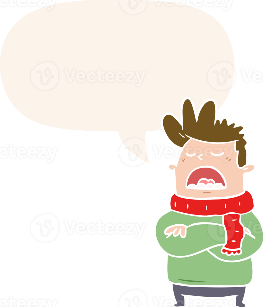 cartoon obnoxious man in winter clothes with speech bubble in retro style png
