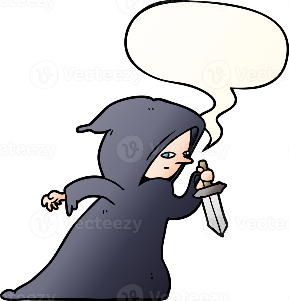 cartoon assassin in dark robe with speech bubble in smooth gradient style png