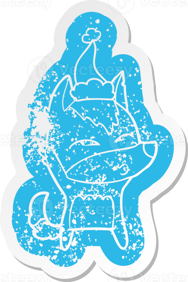 quirky cartoon distressed sticker of a wolf whistling wearing santa hat png
