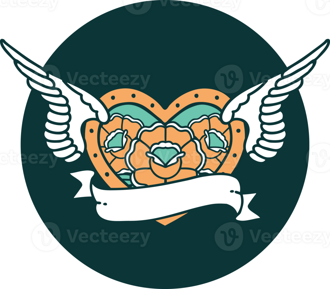 iconic tattoo style image of a flying heart with flowers and banner png