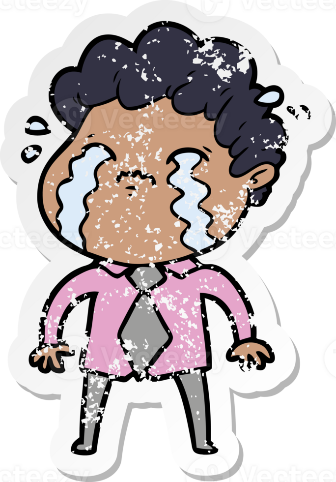 distressed sticker of a cartoon man crying png