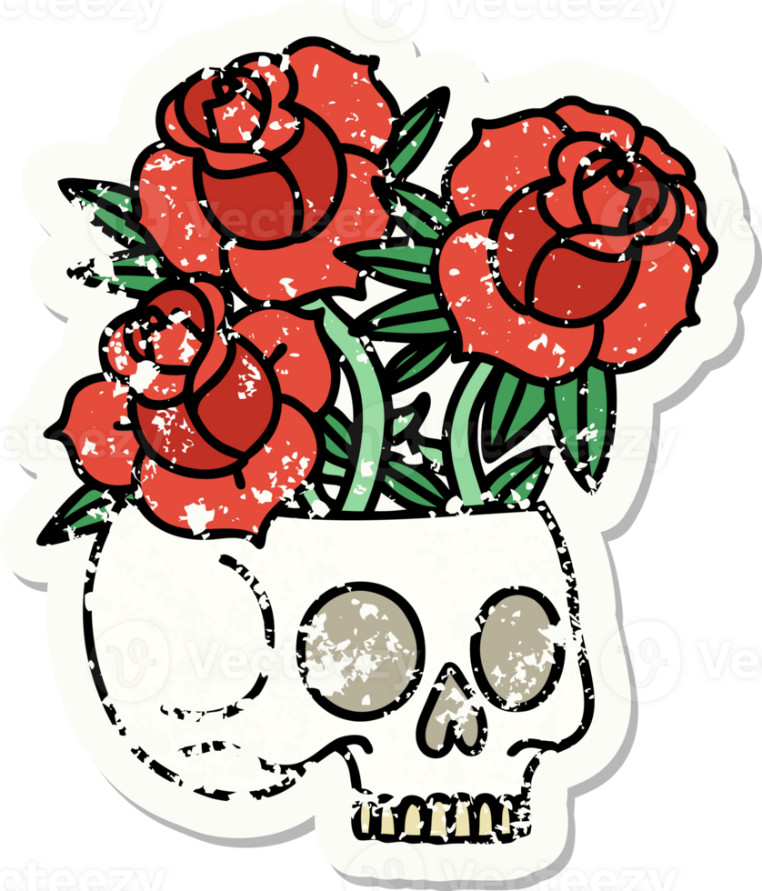 distressed sticker tattoo in traditional style of a skull and roses png
