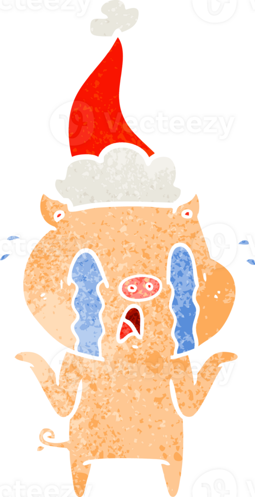 crying pig hand drawn retro cartoon of a wearing santa hat png
