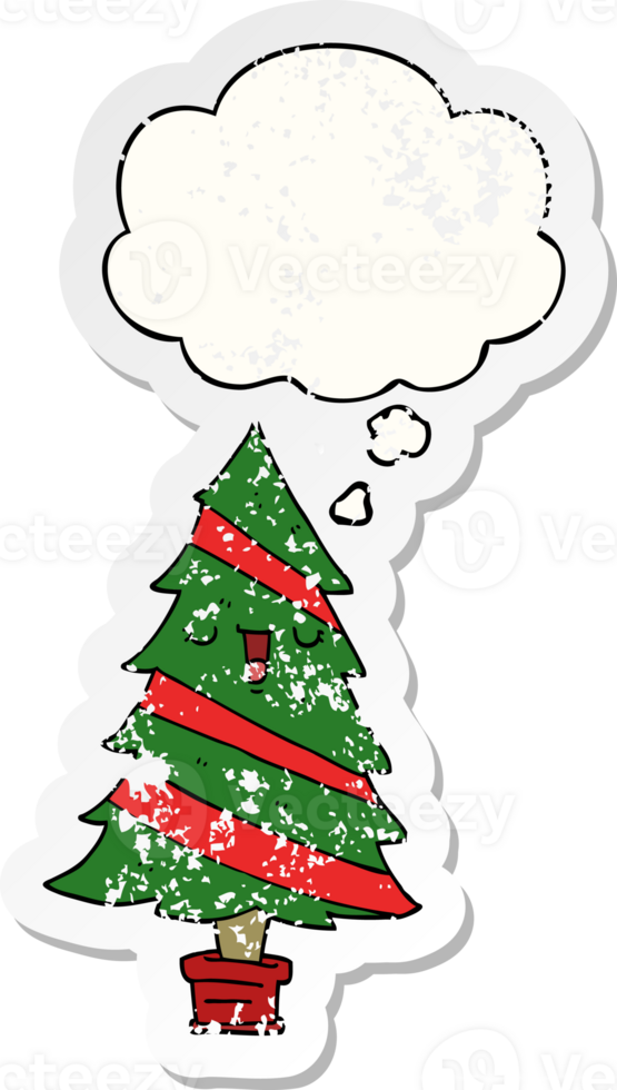 cartoon christmas tree with thought bubble as a distressed worn sticker png