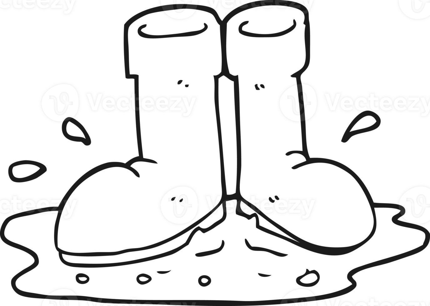 hand drawn black and white cartoon wellington boots in puddle png