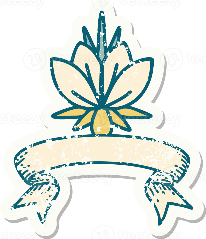worn old sticker with banner of a water lily png