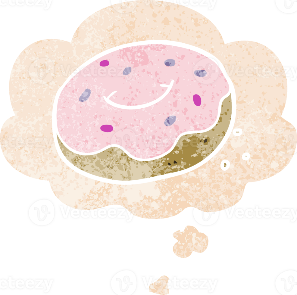 cartoon donut with thought bubble in grunge distressed retro textured style png