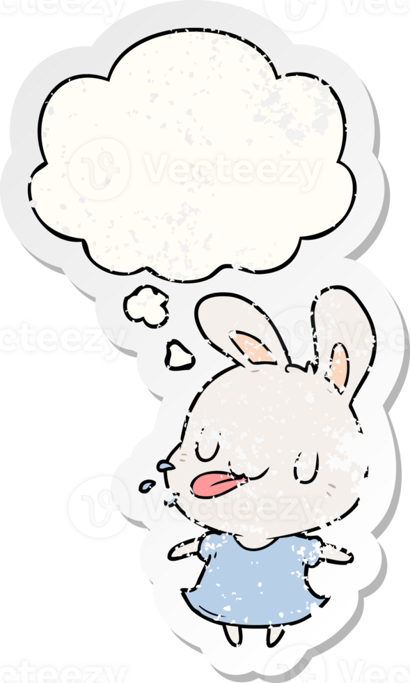 cartoon rabbit with thought bubble as a distressed worn sticker png