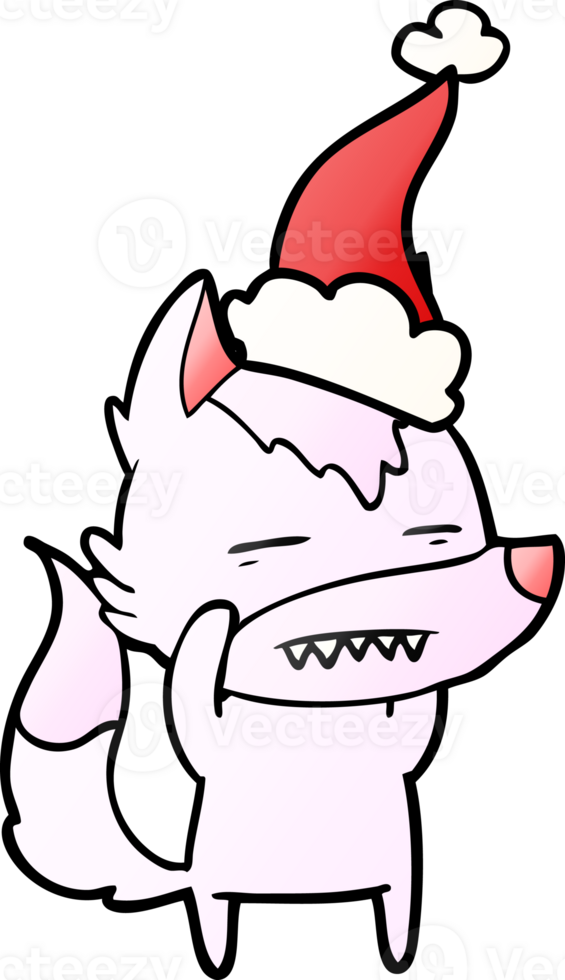 hand drawn gradient cartoon of a wolf showing teeth wearing santa hat png