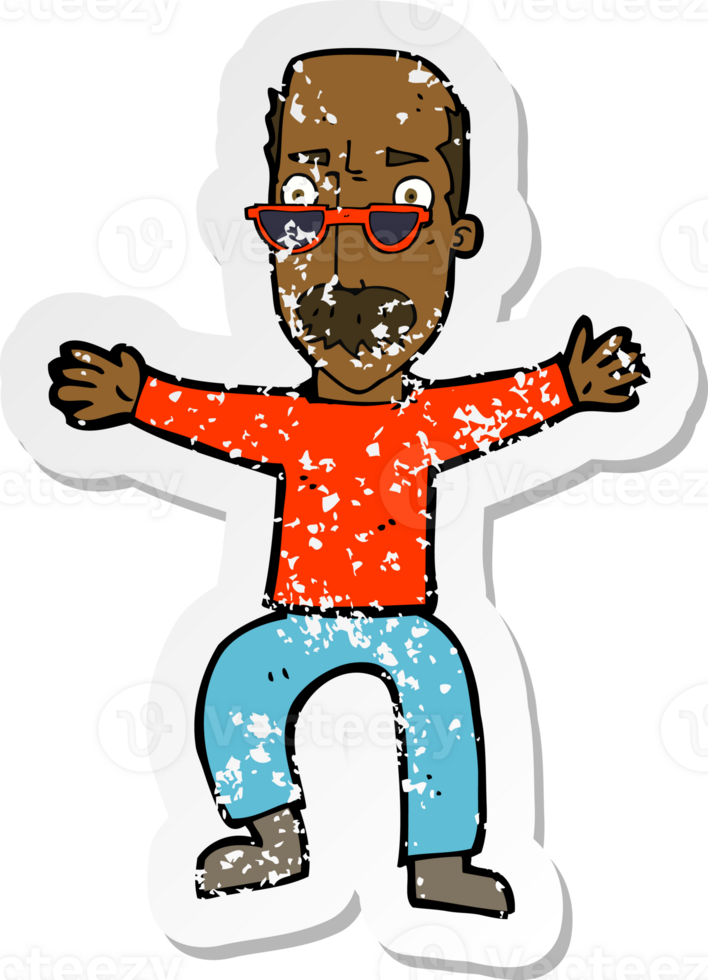 retro distressed sticker of a cartoon old man waving arms png
