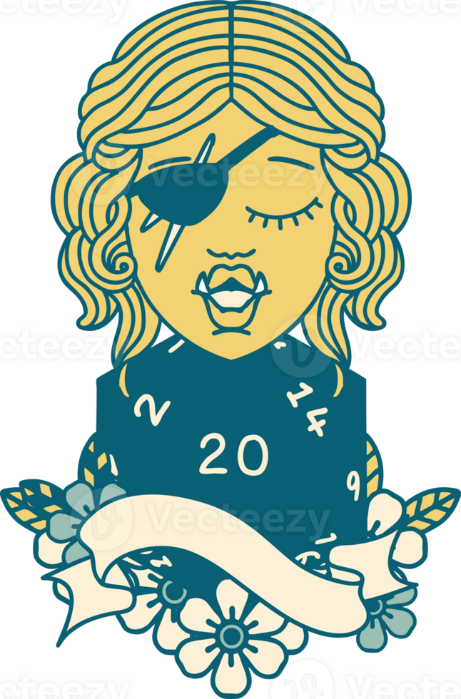 Retro Tattoo Style half orc rogue with natural twenty dice roll png