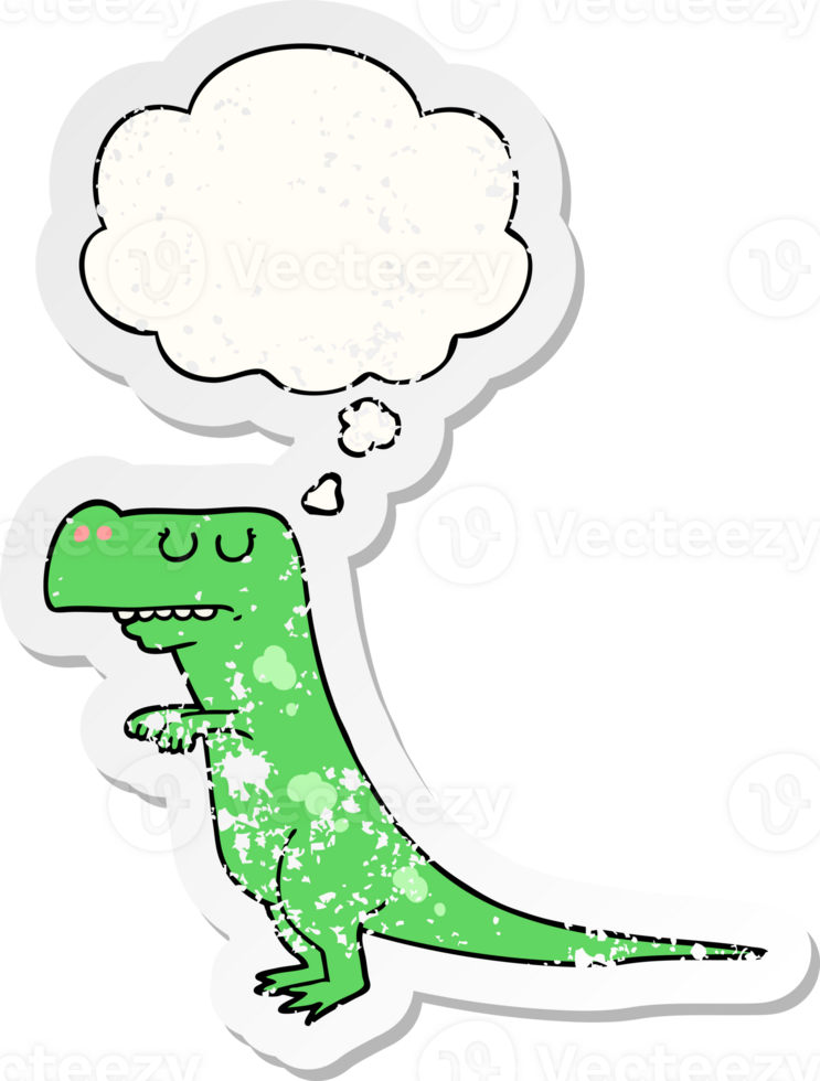 cartoon dinosaur with thought bubble as a distressed worn sticker png