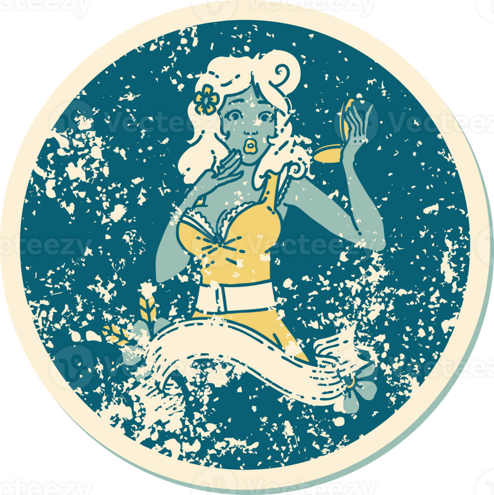 iconic distressed sticker tattoo style image of a pinup surprised girl with banner png