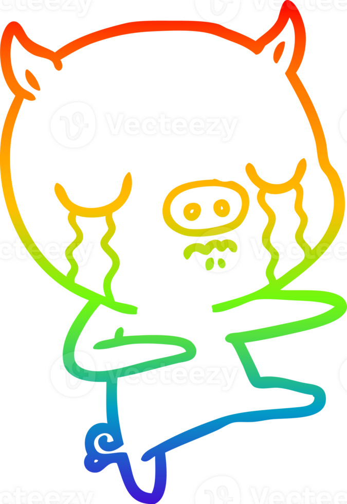 rainbow gradient line drawing of a cartoon pig crying png