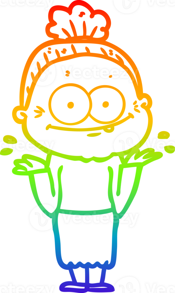 rainbow gradient line drawing of a cartoon happy old woman png