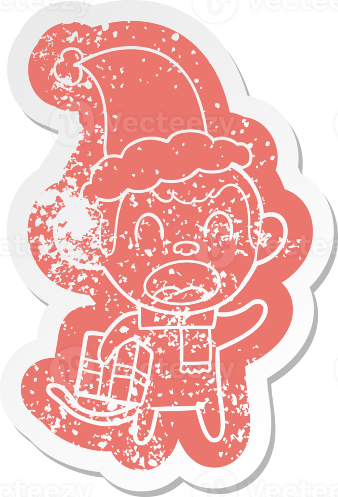 shouting quirky cartoon distressed sticker of a monkey carrying christmas gift wearing santa hat png