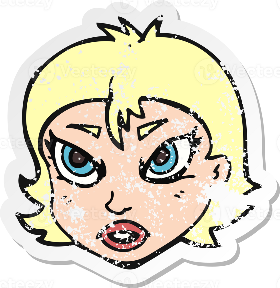 retro distressed sticker of a cartoon angry female face png
