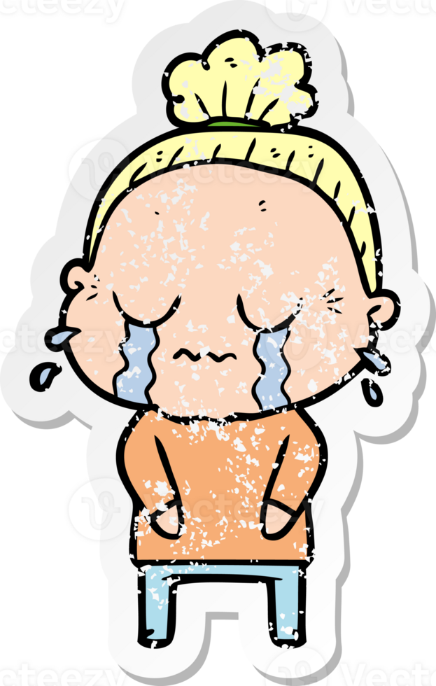 distressed sticker of a cartoon crying old lady png