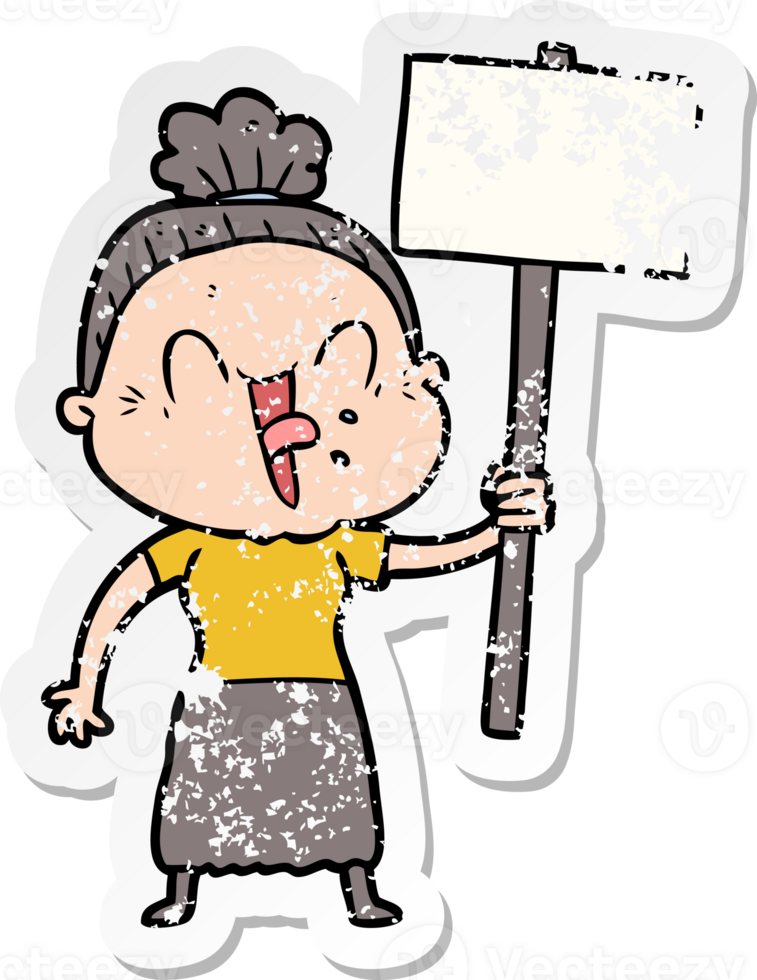 distressed sticker of a cartoon happy old woman png