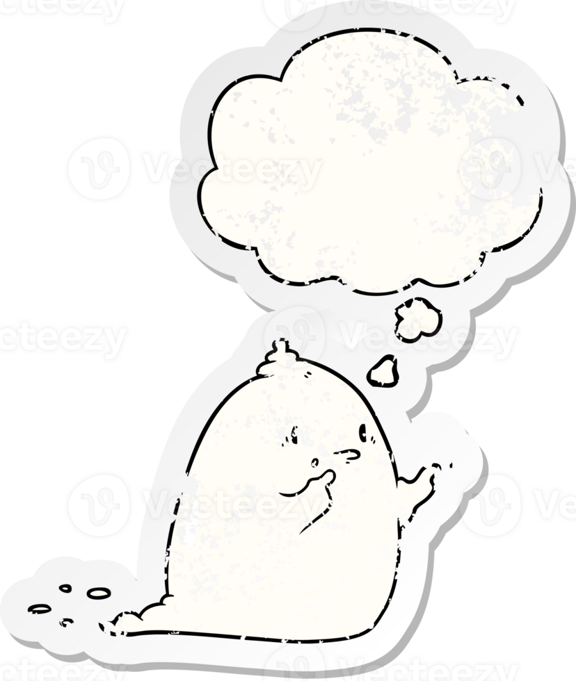 cartoon spooky ghost with thought bubble as a distressed worn sticker png