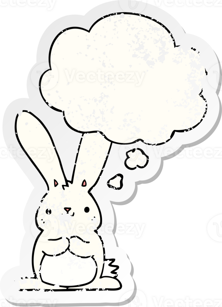 cartoon rabbit with thought bubble as a distressed worn sticker png