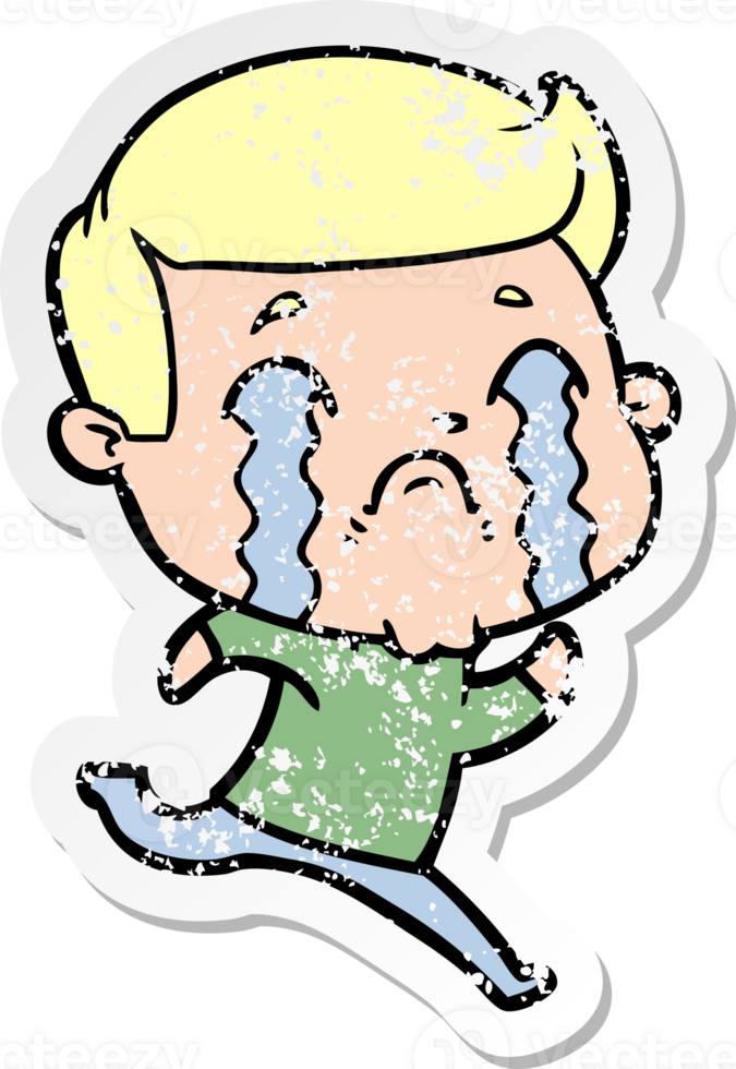 distressed sticker of a cartoon man crying png
