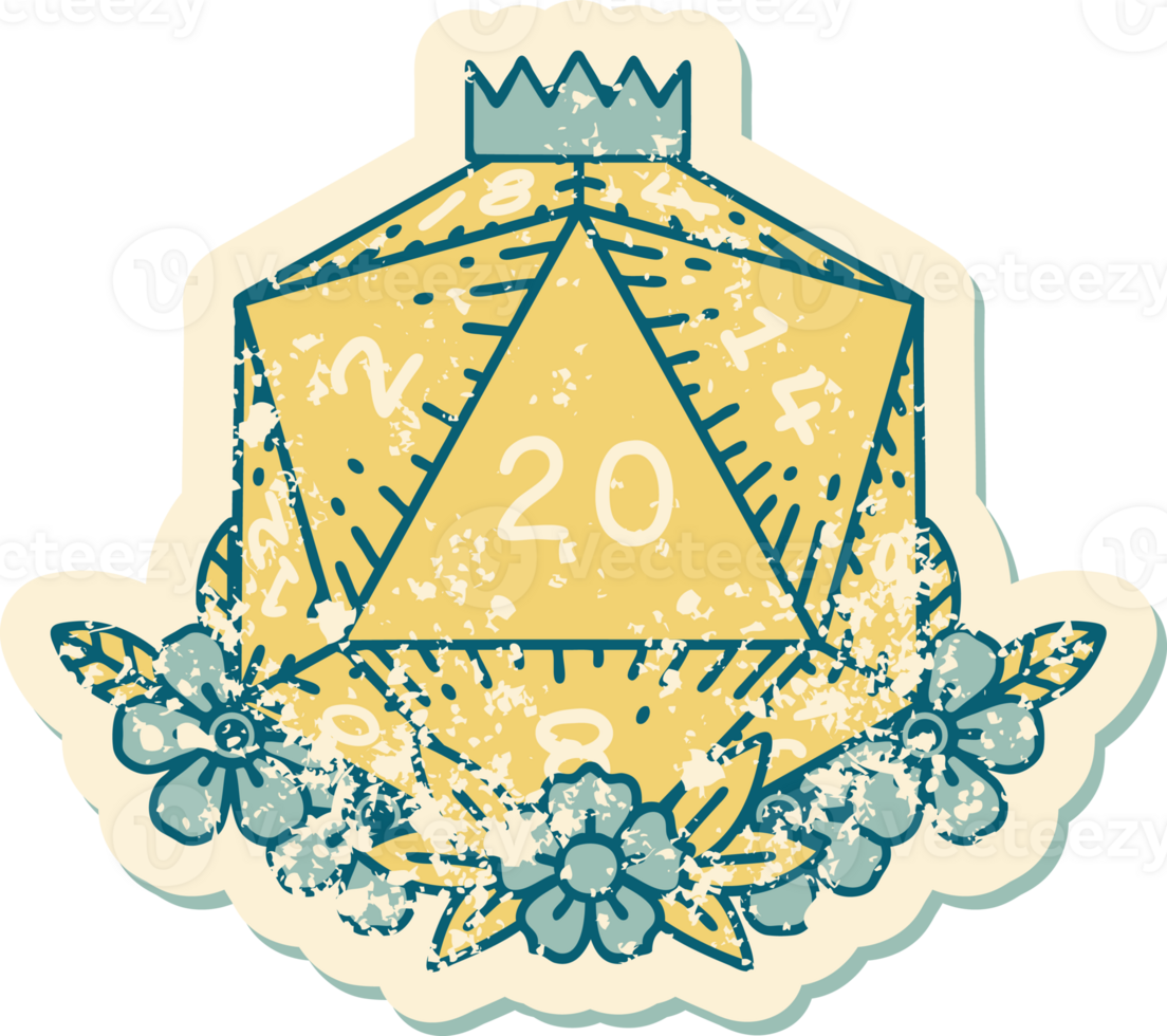 Retro Tattoo Style natural 20 D20 dice roll with floral elements png