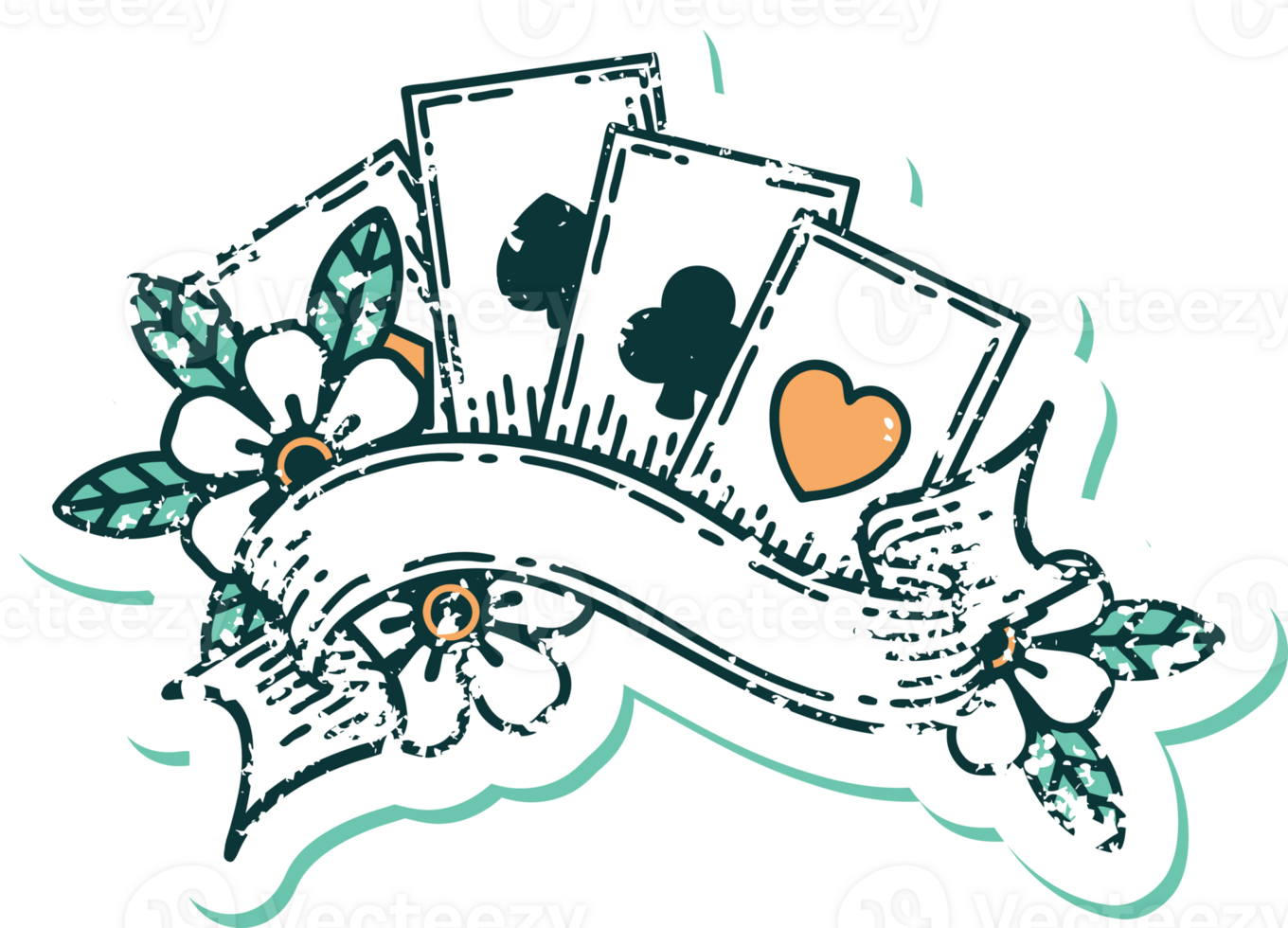 iconic distressed sticker tattoo style image of cards and banner png