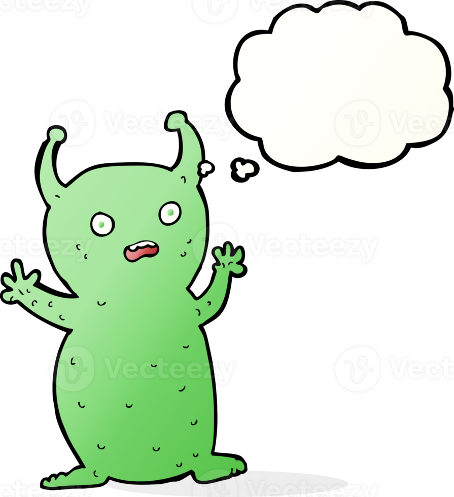 cartoon funny little alien with thought bubble png
