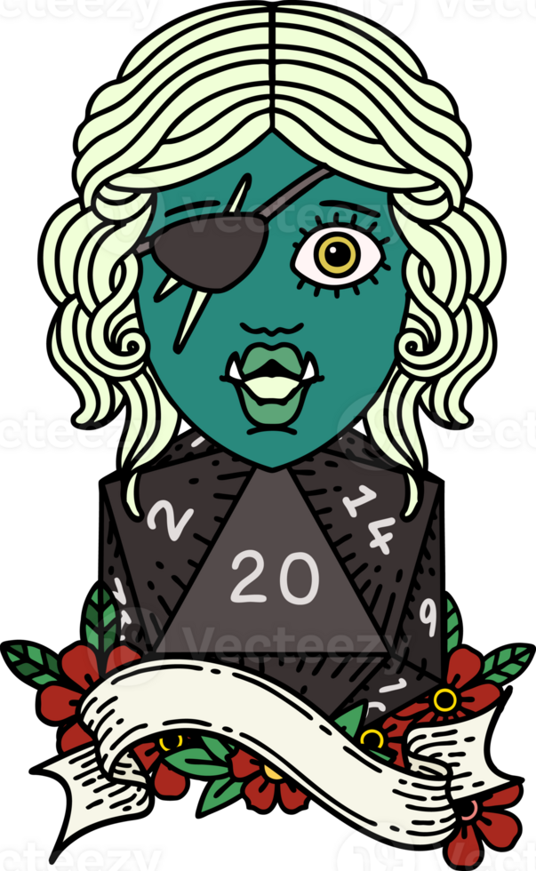 Retro Tattoo Style orc rogue character with natural twenty dice roll png