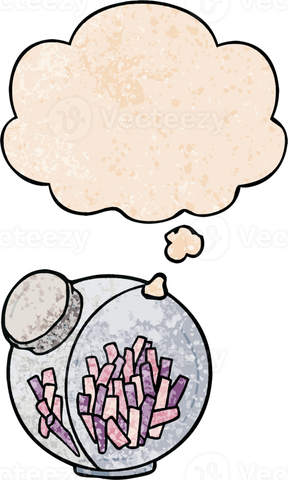cartoon candy in jar with thought bubble in grunge texture style png