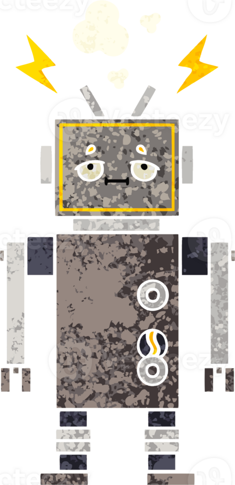 retro illustration style cartoon of a malfunctioning robot png