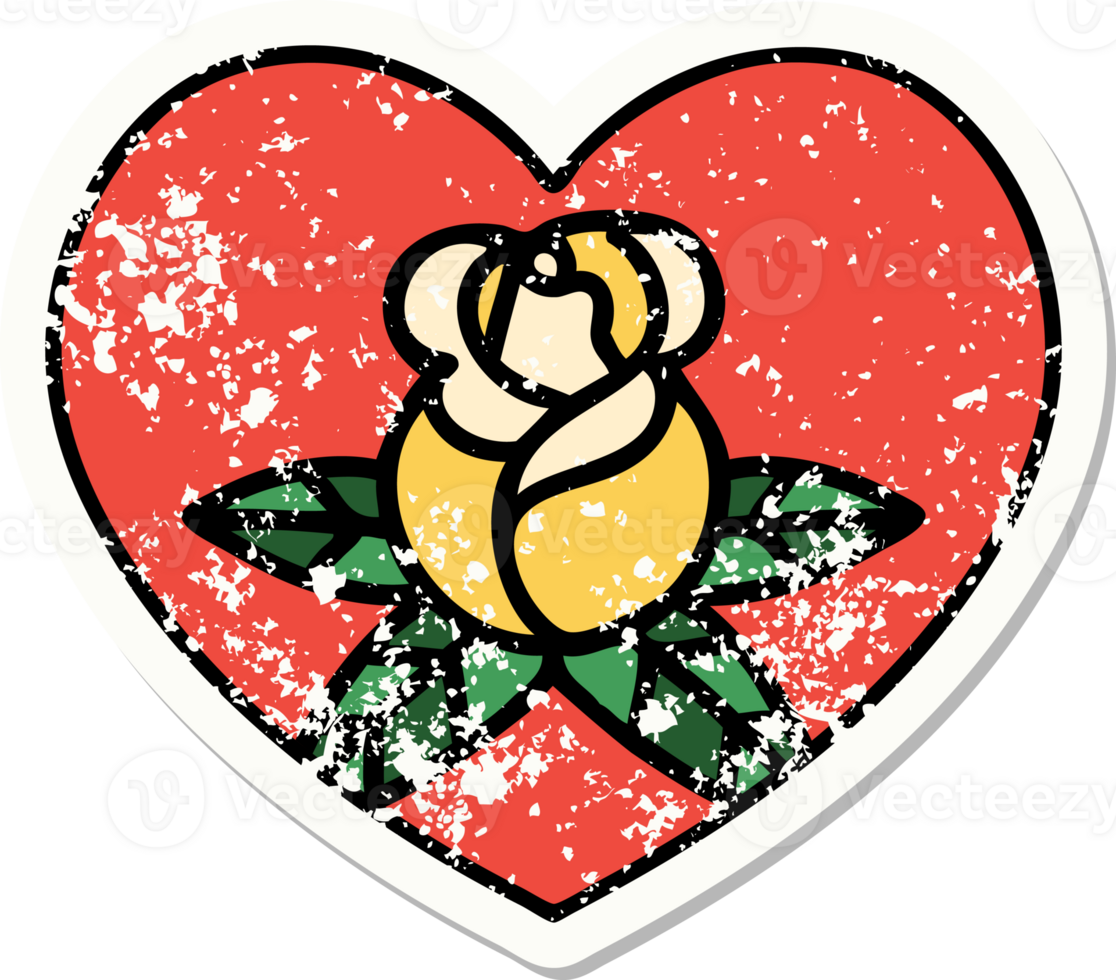 distressed sticker tattoo in traditional style of a heart and flowers png
