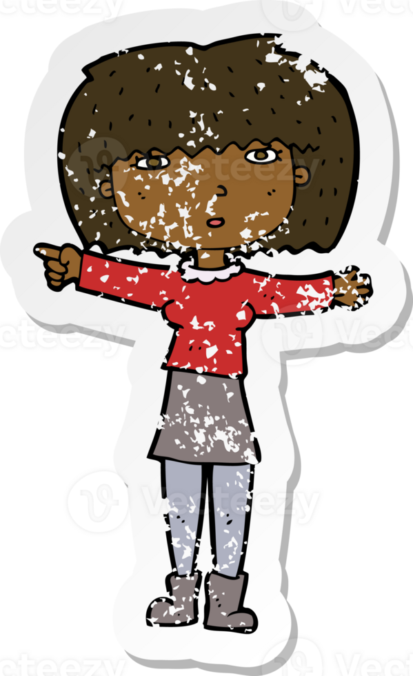retro distressed sticker of a cartoon girl pointing png