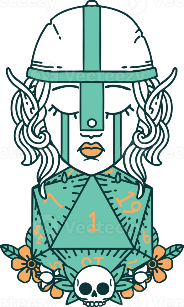 Retro Tattoo Style sad elf fighter character with natural one d20 roll png