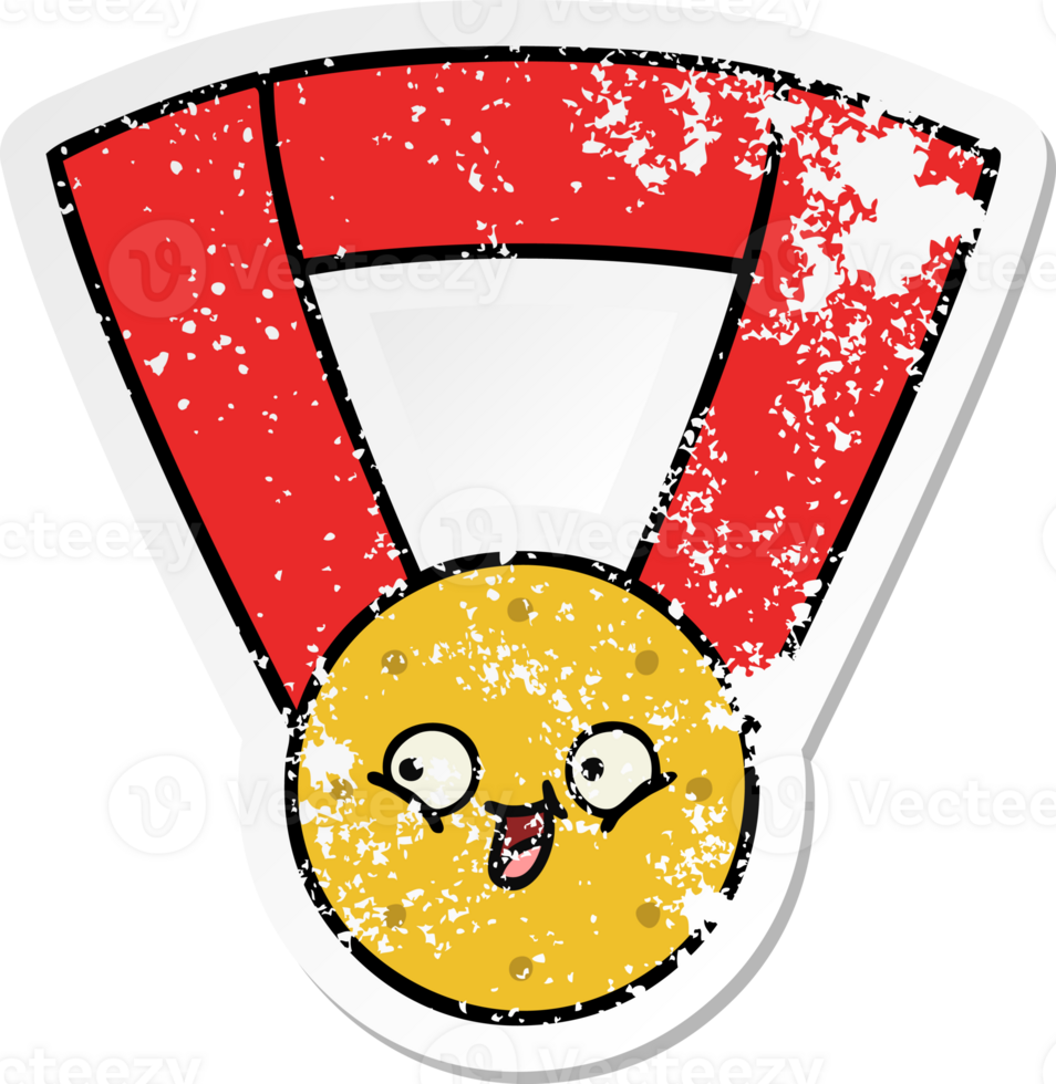 distressed sticker of a cute cartoon gold medal png