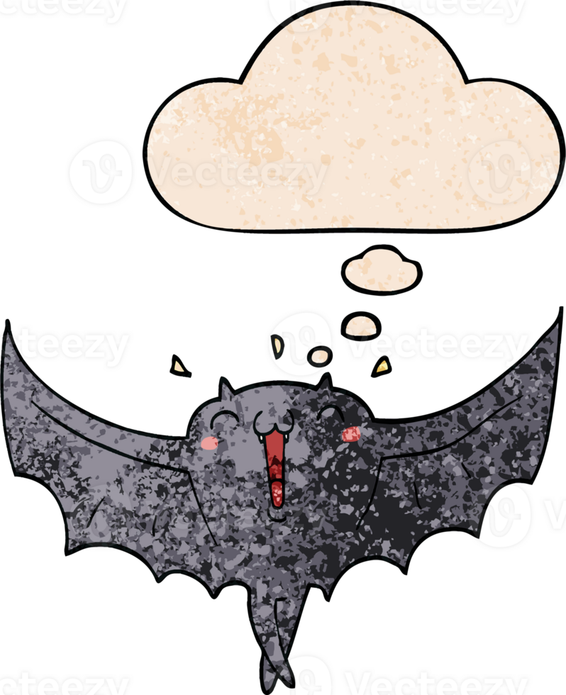 cartoon happy vampire bat with thought bubble in grunge texture style png