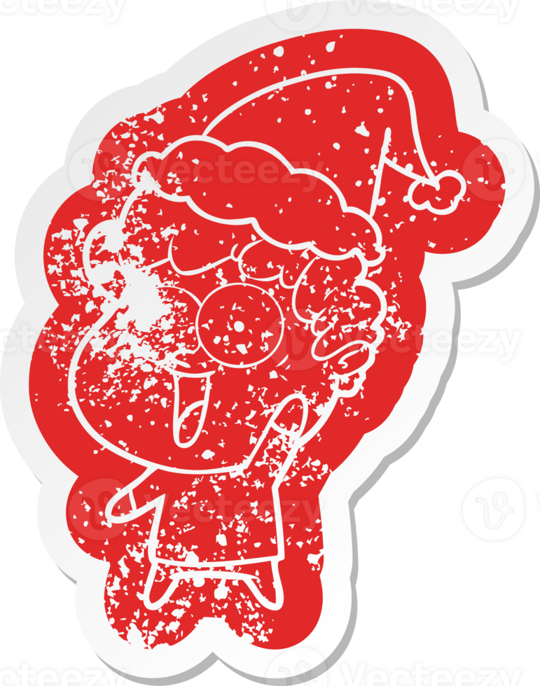 quirky cartoon distressed sticker of a happy man wearing santa hat png