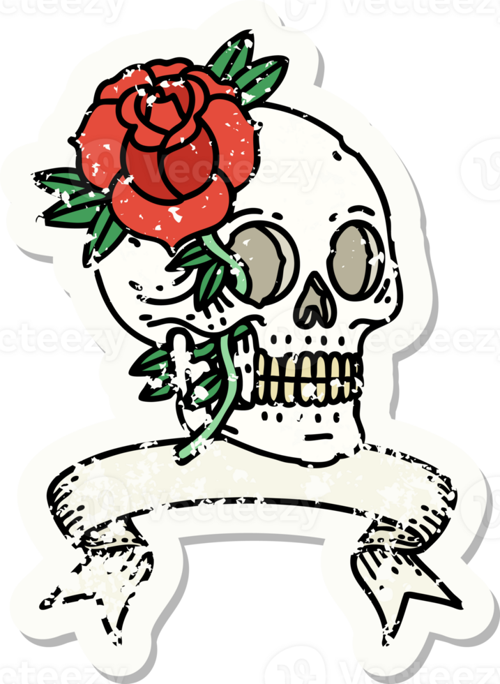 worn old sticker with banner of a skull and rose png