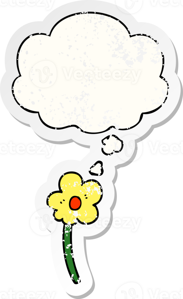 cartoon flower with thought bubble as a distressed worn sticker png