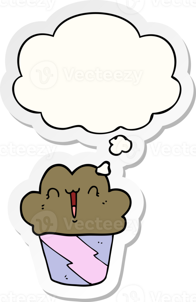 cartoon cupcake with face with thought bubble as a printed sticker png