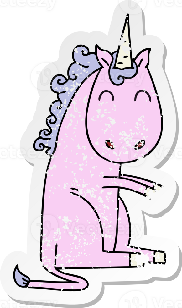 distressed sticker of a quirky hand drawn cartoon unicorn png